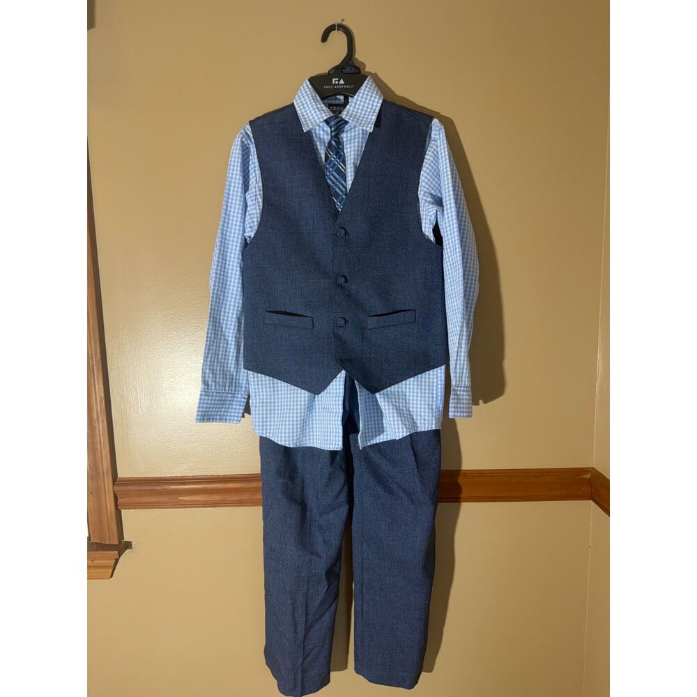 Izod Boys 4 Piece Dress Outfit Set Blue Gingham Shirt Vest Tie Pants Size 12